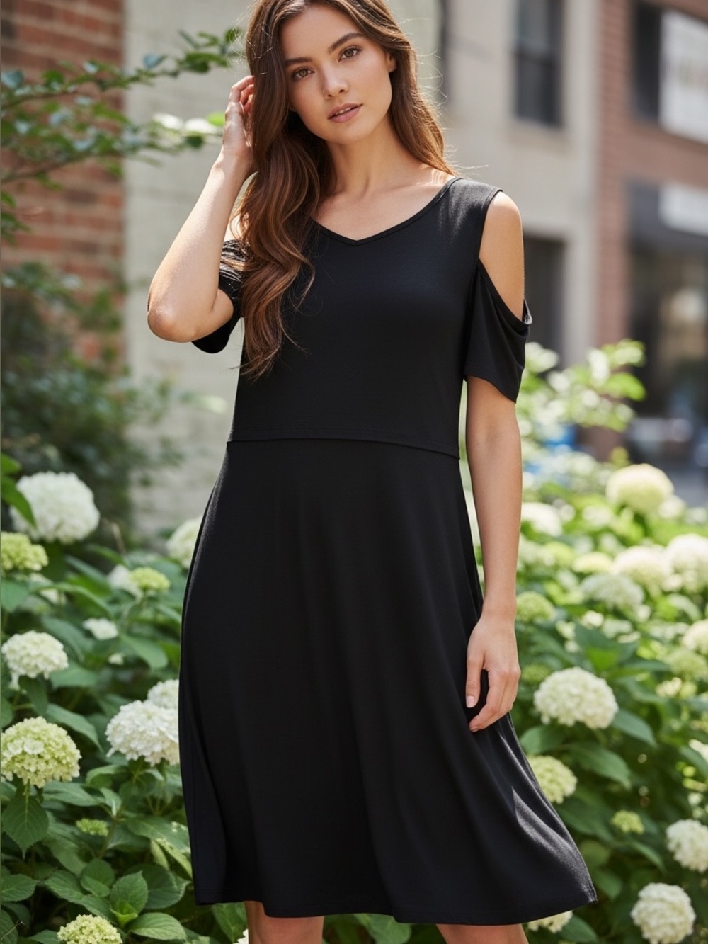 SMALLSHOW (M) Cold Shoulder Nursing Dress Soft Stretch Lightweight Flowy Black